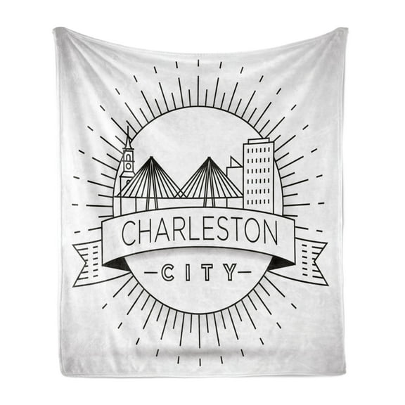 Charleston Soft Flannel Fleece Blanket, Minimal City Skyline with Dashed Lines and Greyscale Ombre Background, Cozy Plush for Indoor and Outdoor Use, 70" x 90", Black White and Grey, by Ambesonne