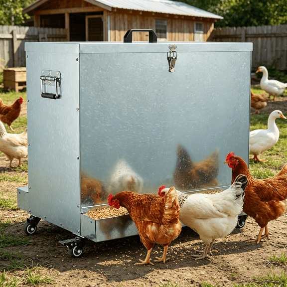 Magicfly Poultry Feeder,80lbs Capacity,Feed Chicken Feeder with Lid & Lock,Outdoor Coop Food Dispenser,Weatherproof Galvanized Metal Feeder for Chickens,Geese,Ducks,Turkeys,Quails