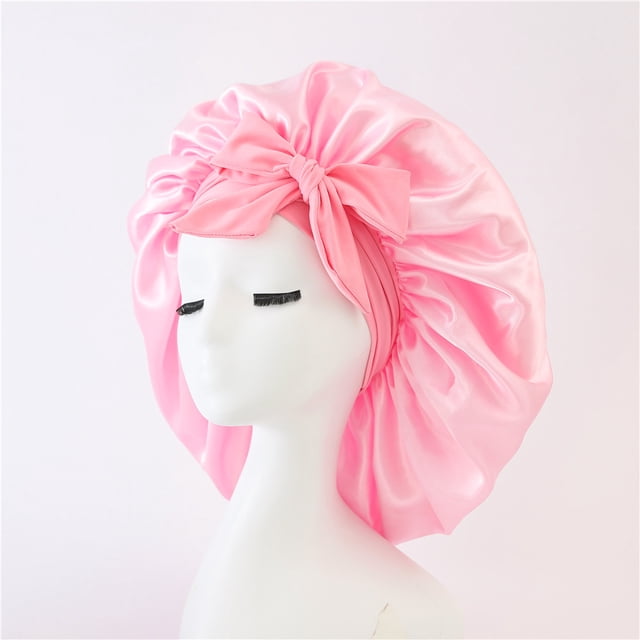 Zhuge Gorro de seda satinada para dormir para mujer, gorro grande para el pelo, gorro para dormir por la noche, bufanda envolvente para mujer, trenzas, cabello rizado con banda para atar (rosa)