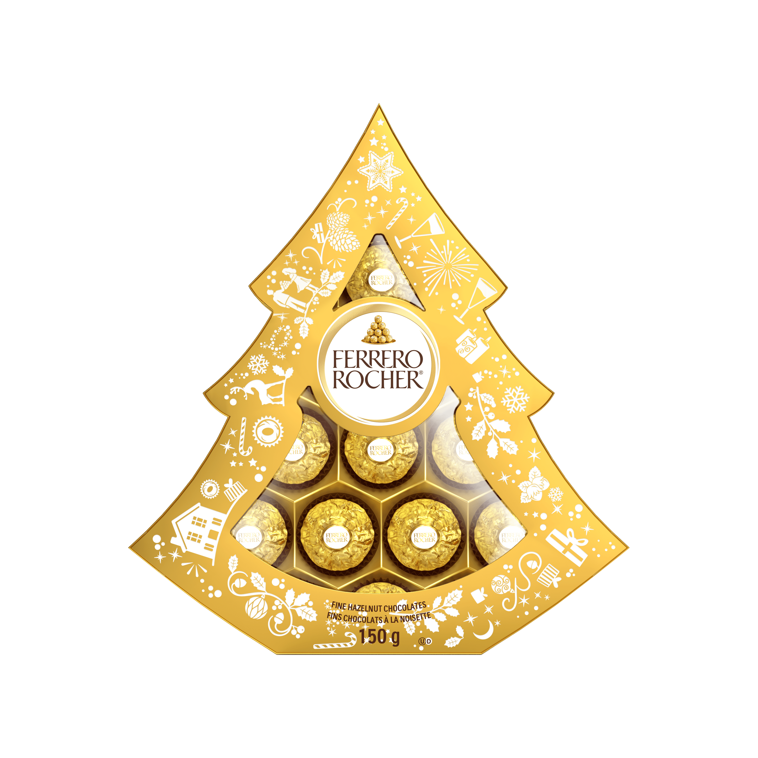 FERRERO ROCHER Fine Hazelnut Milk Chocolate Pine Tree Gift Box, 12 Individually Wrapped Chocolates, 150g