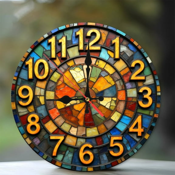 Vintage Stained Glass Wall Clock Home Decor 10-Inch Silent Wooden Wall Clock, Battery Operated (AA Batteries Not Included), Artistic Home Decor