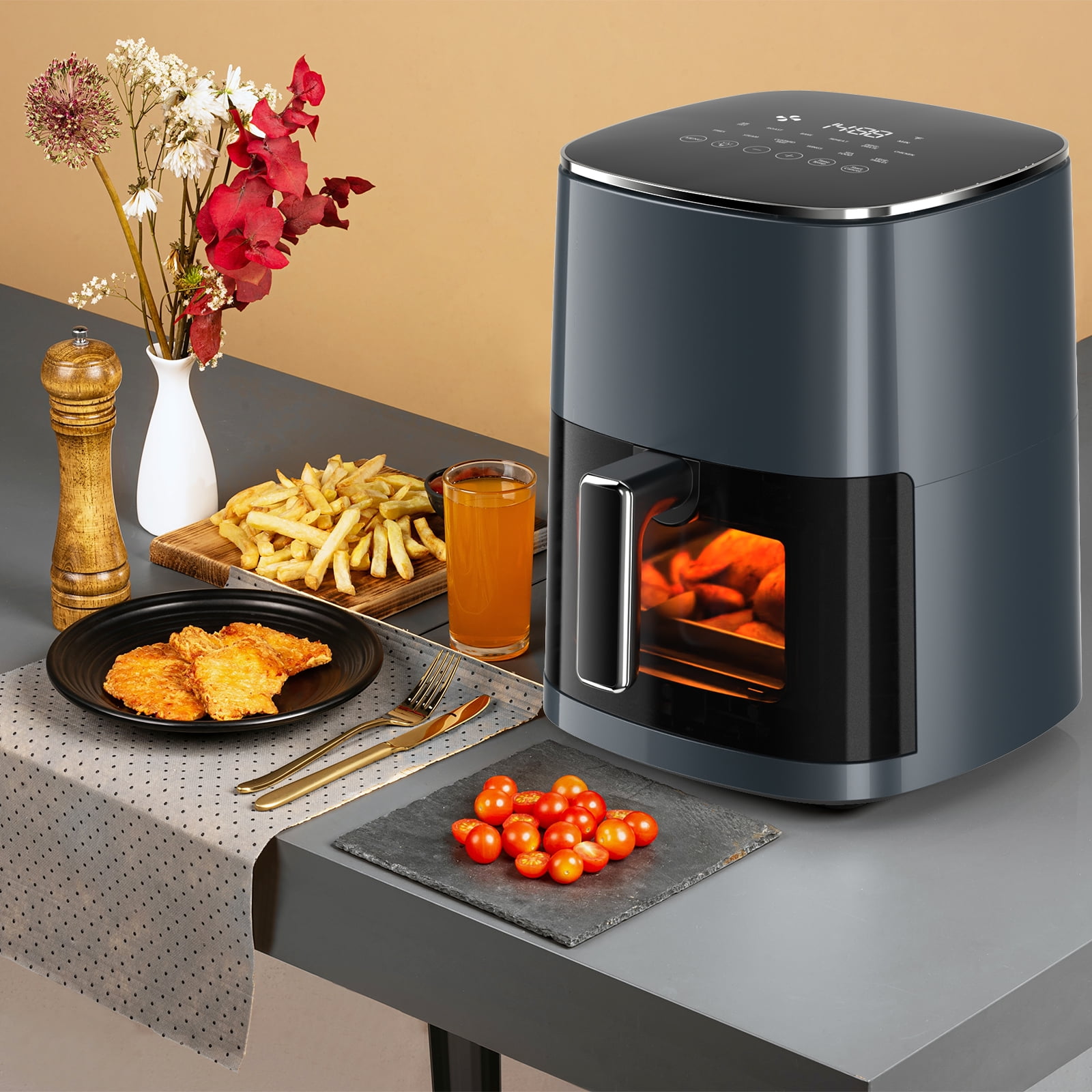 Sellary 6QT Air Fryer with Perspective Window and Light, 12-in-1, non-stick layer, suitable for Air Fry, Roast & More，Grey