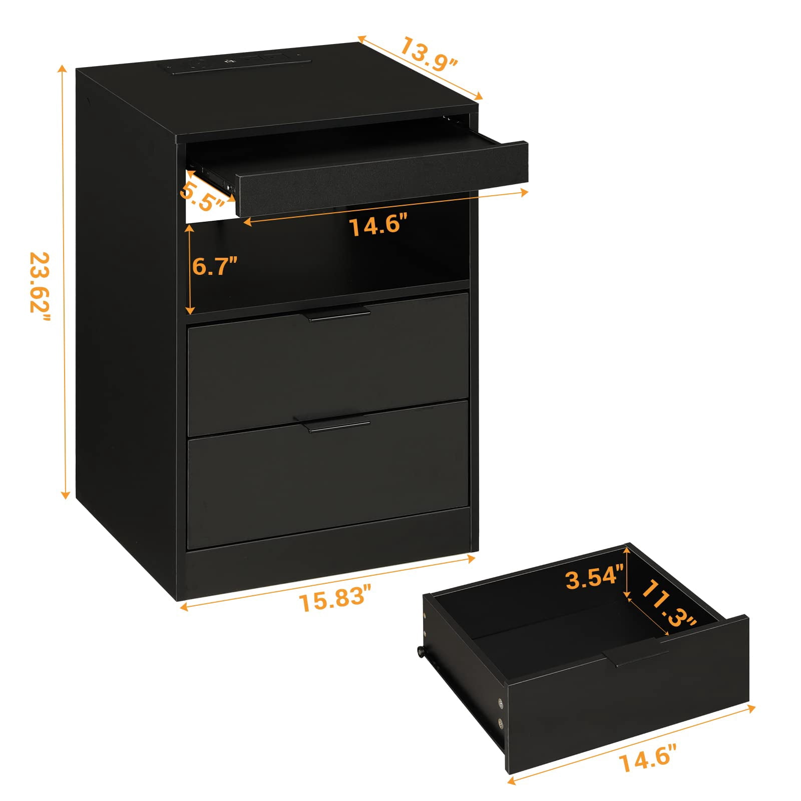 Afuhokles Nightstand with Wireless Charging Station Set of 2, LED Bedside Table with with 2 Drawers, Black