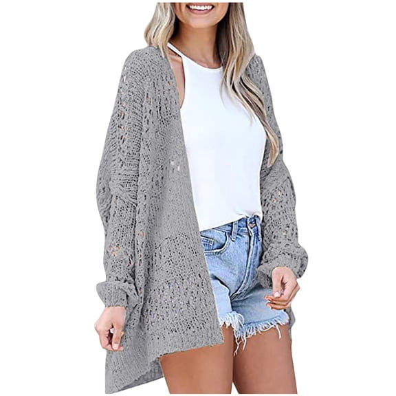 Lilgiuy Women's Crochet Cardigan Kimono Boho Long Sleeve Lightweight Soft Oversized Open Front Knitted Sweater,Gray,14(XXXL) Winter Fashion 2022