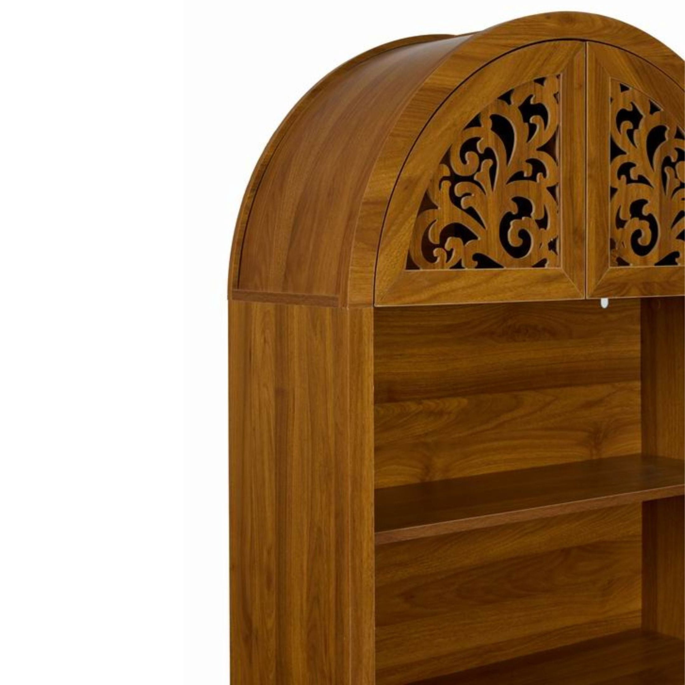 Noble House 67" Vintage Arched Storage Cabinet with Open Shelves, Carved Wood Bookcase, Walnut