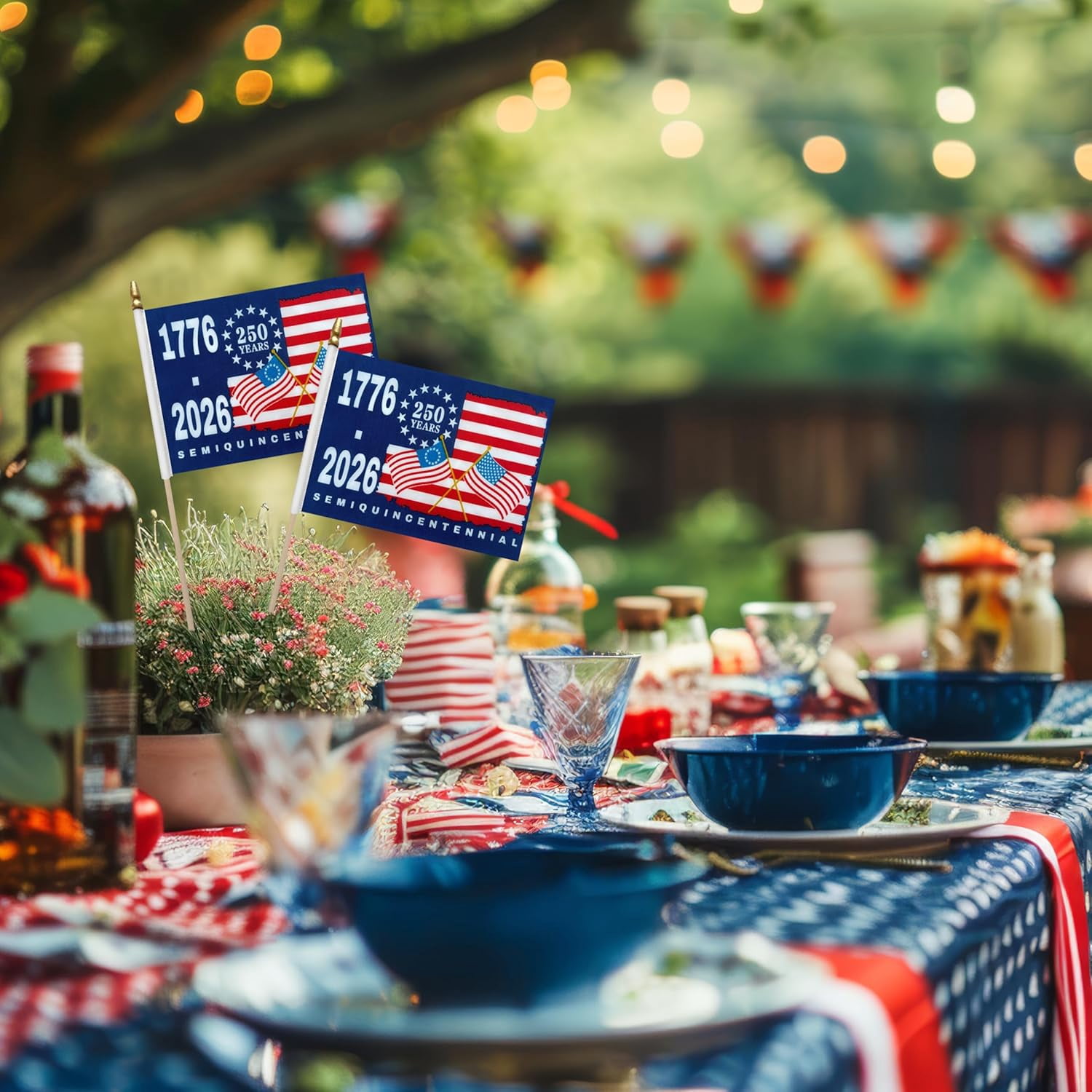 12 Pack Mini American Flags On Stick, 5 x 8 Inch Handheld USA Patriotic 250th Anniversary Flags, 1776-2026 For 4th Of July Outdoor Decor,