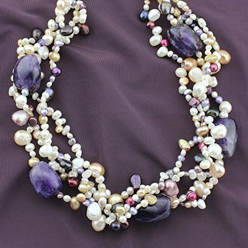 Elegant Multi-Strand Amethyst and Freshwater Pearl Torsade Statement Necklace with Toggle Clasp, 17 Inches Jewelry Necklace