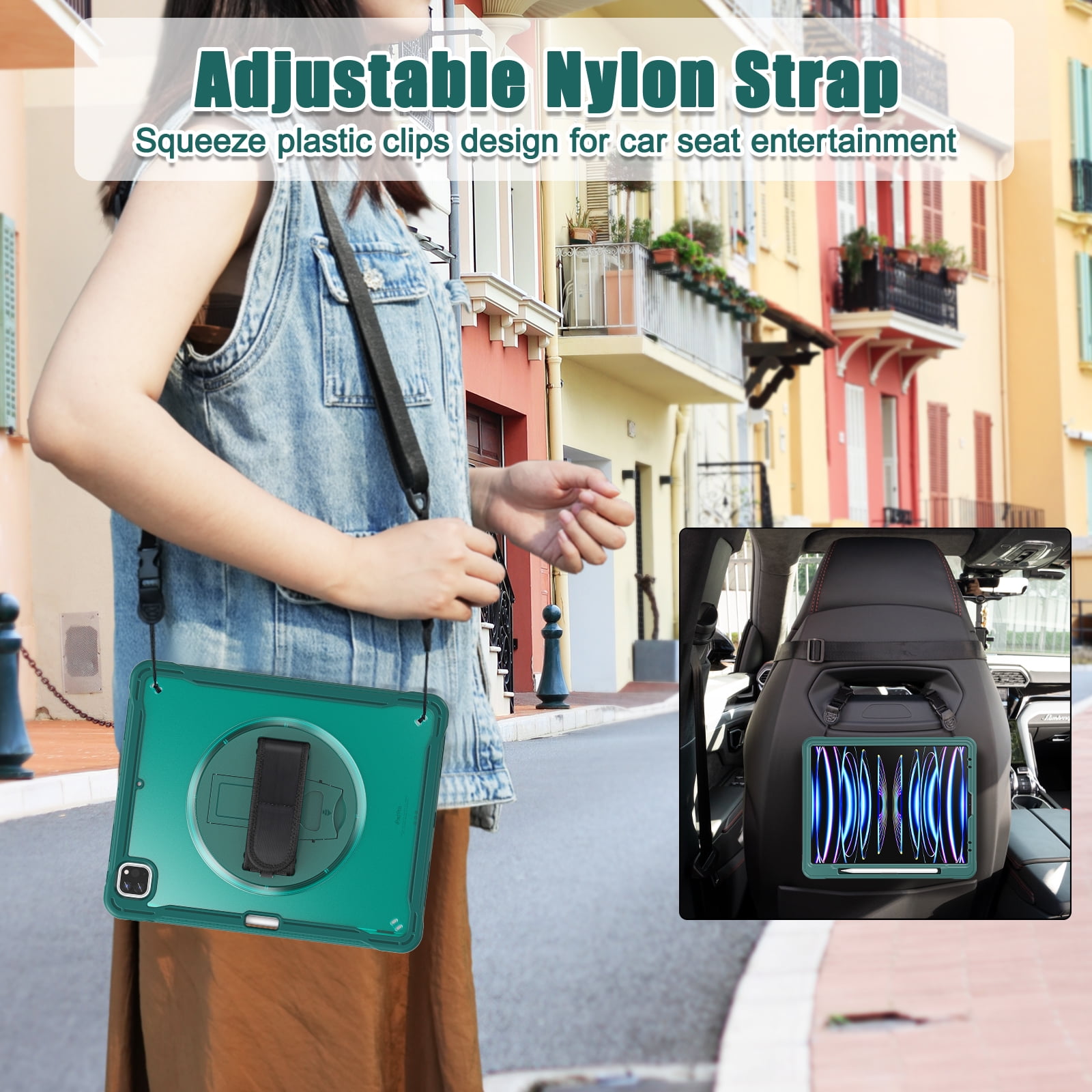 Allytechgroup Rugged Case for Apple iPad Air 11 Inch M4 M3 M2 2026 2025 2024, Kicktand Translucent Back Cover Shockproof Adjustable Shoulder Strap Kids Friendly with Pencil Holder, Darkgreen