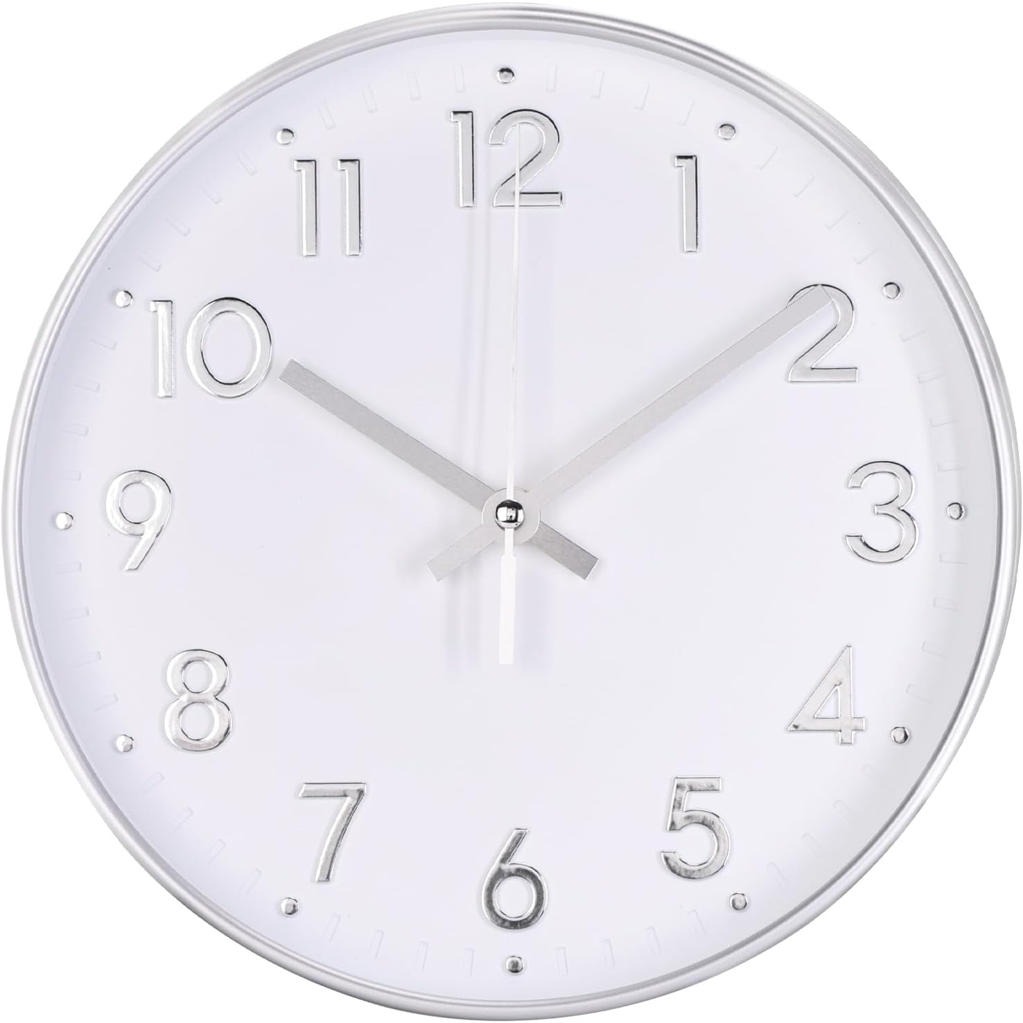 Wall Clock Modern Simple Quartz Decorative Clock Non-Ticking Silent Battery Operated Round Wall Clocks for Living Room Bedroom Kitchen Office Classroom (White-Silver 10inch)