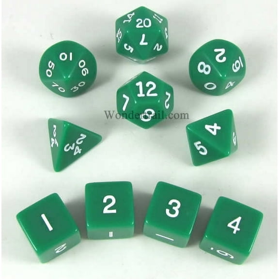 Green Opaque Dice with White Numbers 16mm (5/8in) Set of 10 Koplow Games