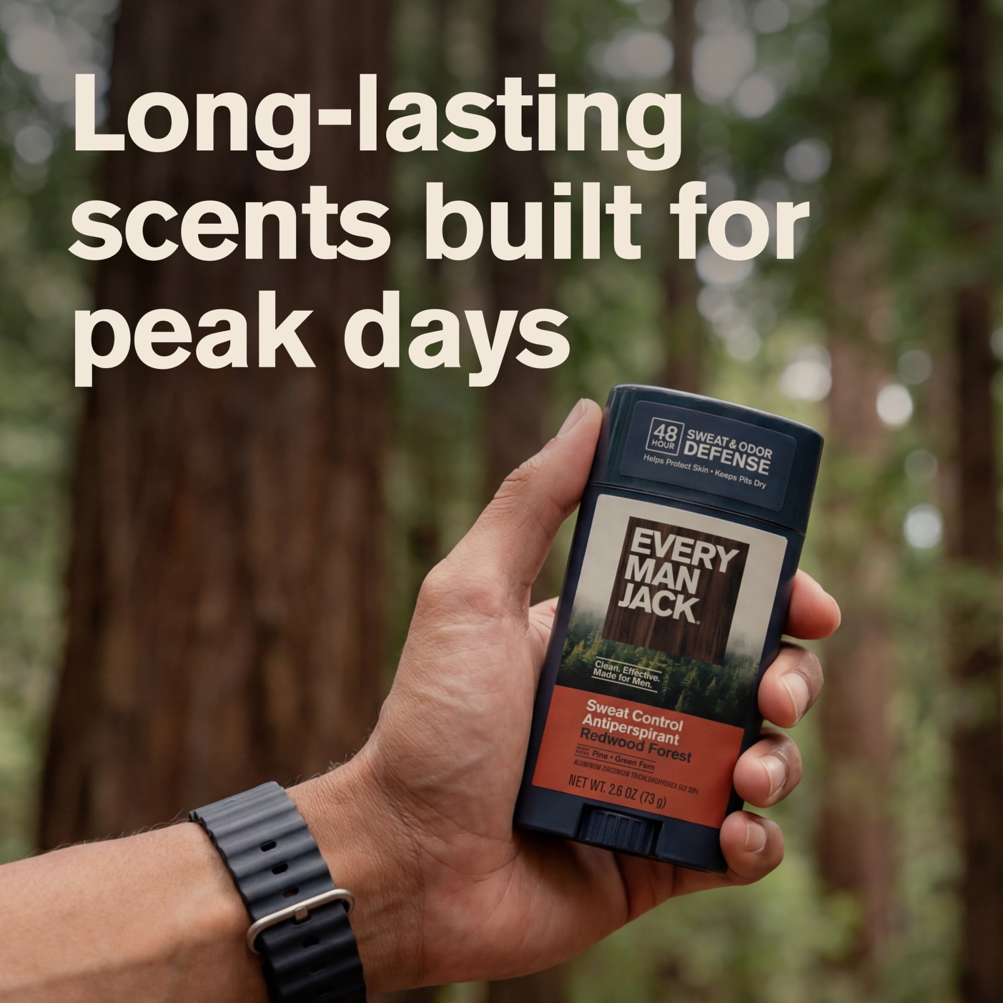 Every Man Jack Redwood Forest Antiperspirant Deodorant – Smooth Glide, 48-Hour Odor & Sweat Defense, 2.6 oz
