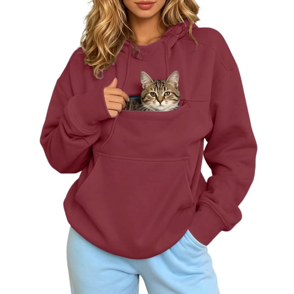 Cat Pouch Hoodie for Women Kangaroo Pocket Dog Pouch Sweatshirts Pet Carrier Pullover Animal Holder Long Sleeve Tops