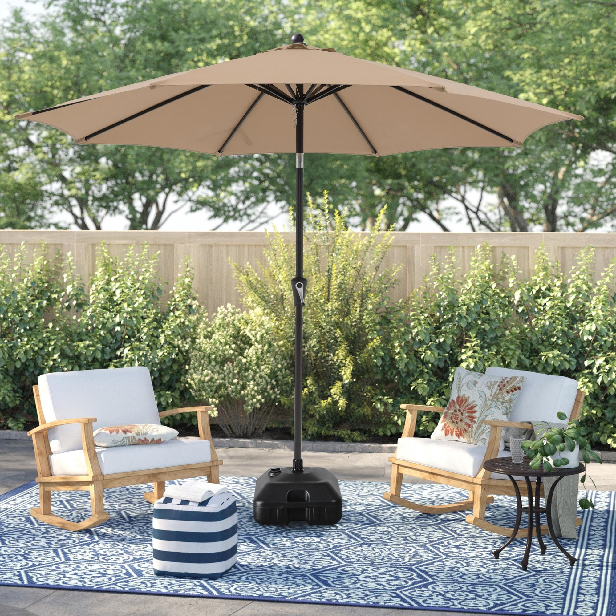Patio Umbrella with Patio Market Umbrella Base, 9-Feet Outdoor Table Market Umbrella with 26.5lb Heavy Duty Resin Square Outdoor Stand, Push Button Tilt/Crank, 8 Ribs, Beige