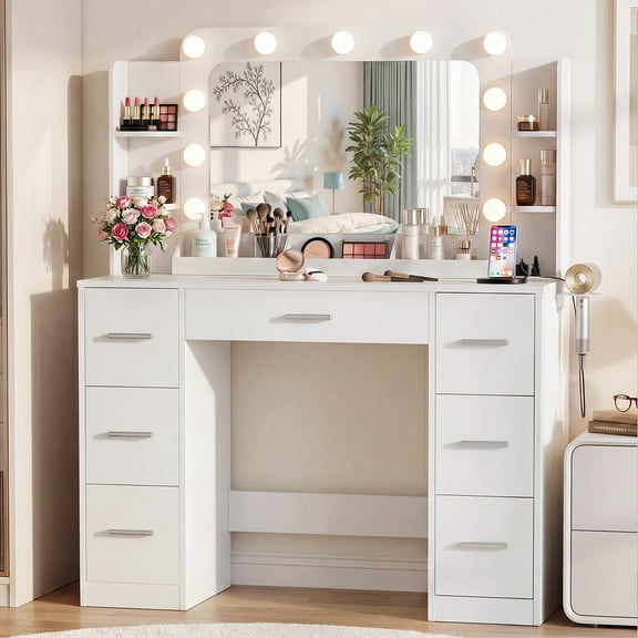Homall Vanity Desk with Lights & Mirror, Makeup Vanity Set with Power Outlet & Storage Drawers Shelves for Bedroom, White