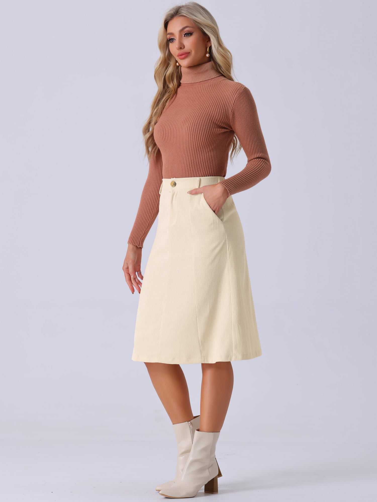 DARING DIVA Women's A-Line Belted Fall Midi Corduroy Skirt M Beige