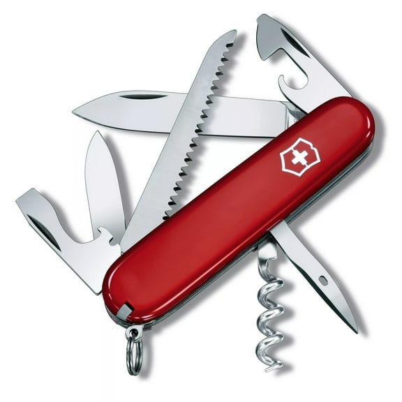 Victorinox Camper Swiss Army Knife, 13 Function Pocket Knife with Large Blade, Screwdriver, Tweezers and Wood Saw - Red, Boxed