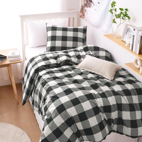 - Gingham Cotton Duvet Cover Set, Plaid Buffalo Check Checkered Farmhouse, 100% Washed Cotton Textured Percale Bedding Set, 3 Pieces, Black Beige, Twin/Twin XL Size