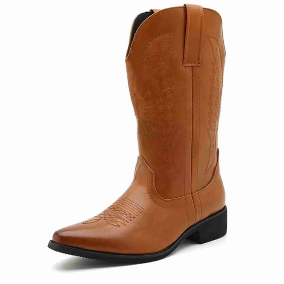 Men's Classic Western Cowboy Boots – Pointed Toe Embroidered Tall Boots with Pull Tabs, 4cm Block Heel, Black & Brown Leather-Look Riding Boots for Men