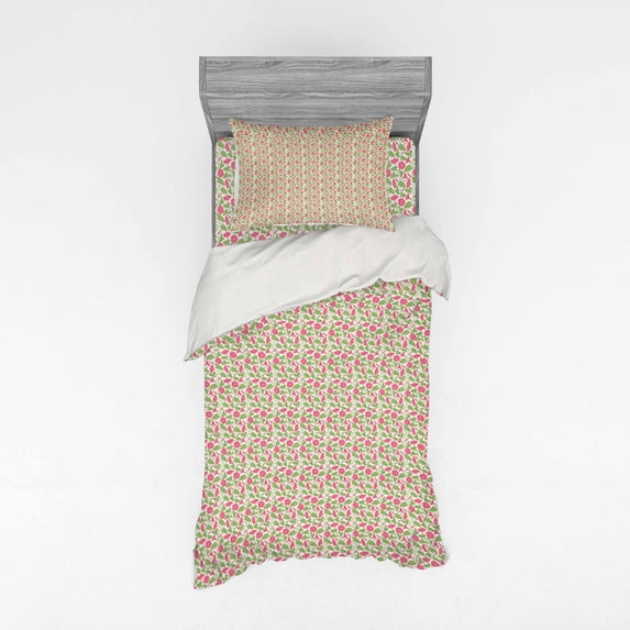Flower Duvet Cover Set, Bindweeds and Leaves Damask Vintage Romantic Print, Bedding Set with Shams and Fitted Sheet, 3 Sizes, by Ambesonne
