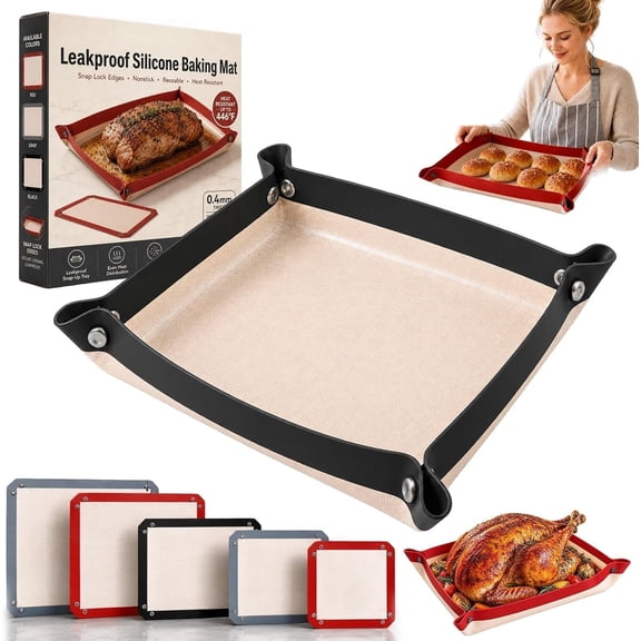 Leakproof Silicone Baking Mat with Snap Lock Edges Nonstick Oven Liners | Reusable Heat Resistant Fiber Cooking Sheet, Corners Snap into Leak Proof Roasting Tray, Extra Thick Transformable Snap‑up