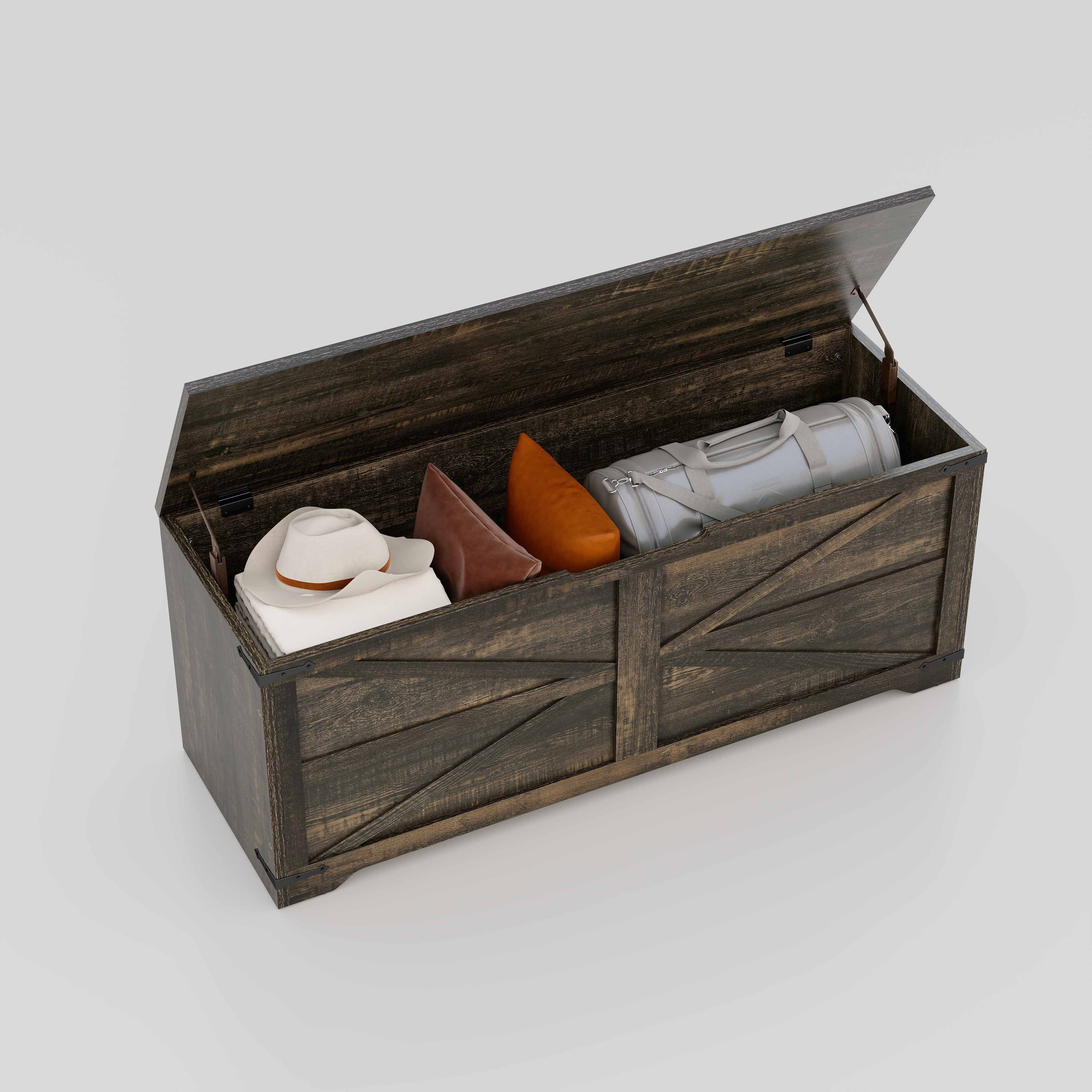 Uforic 47.2" Farmhouse Storage Bench, Wooden Chest with Safety Hinges, Shoe Organizer - Rustic Brown