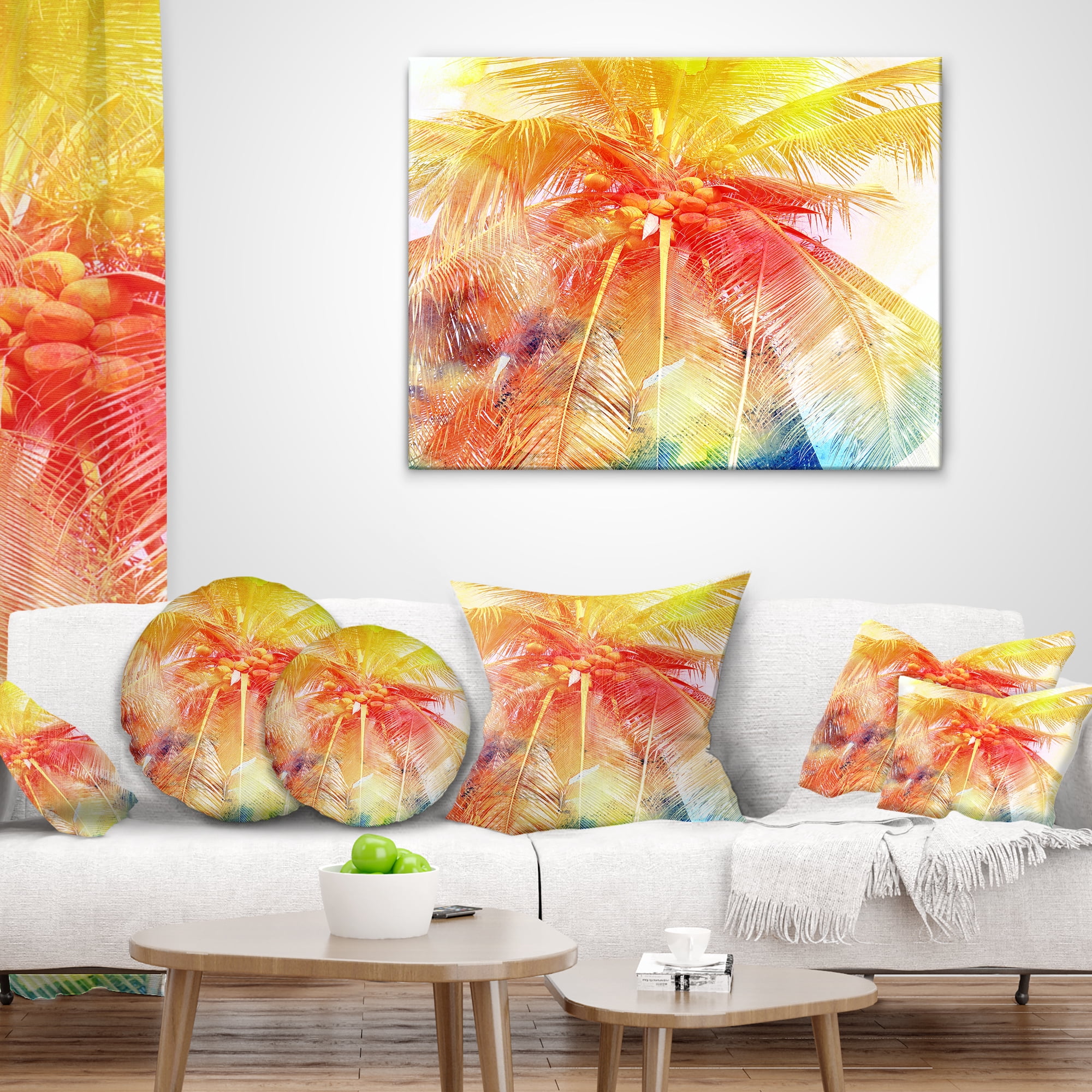 Designart Retro Palm Red Yellow Watercolor - Trees Painting Throw Pillow - 12x20