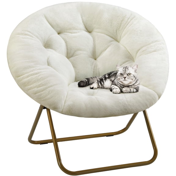 White Faux Fur Saucer Chair, Cozy Foldable Lounge Seat With Gold Metal