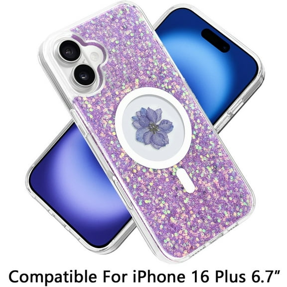 For Apple iPhone 16 Plus (6.7") Magnetic Circle MagSafe Wireless Compatible Epoxy Glitter Flower Shiny Sparkle Bling Hybrid Slim TPU Cover ,Xpm Phone Case [ Purple ]