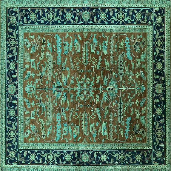 Ahgly Company Machine Washable Indoor Square Oriental Turquoise Blue Traditional Area Rugs, 5' Square