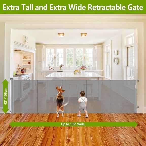 Reinforced 42"  Tall Pet Gate 155" Wide Retractable  Gate with Support Rods - Prevent Crawling Under, Indoor/Outdoor Mesh Safety Gate for Dogs and Toddlers, Gray