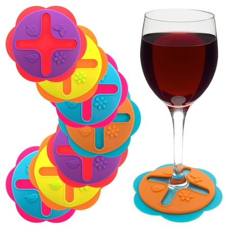 Stem Ware Set of 8 Wine Glasses Drink Coasters Markers Slip-On Stemware Silicone Markers Charms Dining Beverage Accessories ()