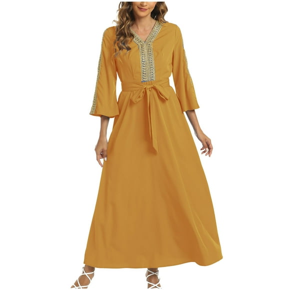 Drses Abaya Dress for Women V Neck Dubai Saudi Fancy Moroccan Solid Color Dresses 3/4 Sleeve Waist Formal Elegant Long Dress