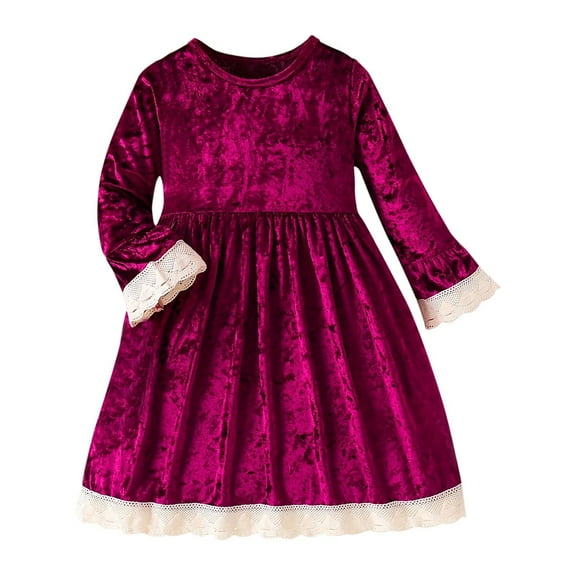 Odeerbi Kids Girls Fall Winter Corduroy Dresses Christmas Lace Trim Princess Dress Cute Long Sleeve Round Neck Dress Kids Girls Clothes