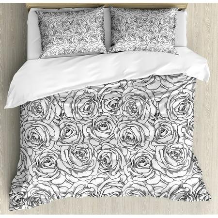 Black And White Duvet Set Black and White Queen Size Duvet Cover Set, Romantic Nature Symbols in Sketch Art Style Monochromatic Rose Bouquet, Decorative 3 Piece Bedding Set with 2 Pillow Shams, Black White, by Ambesonne ()