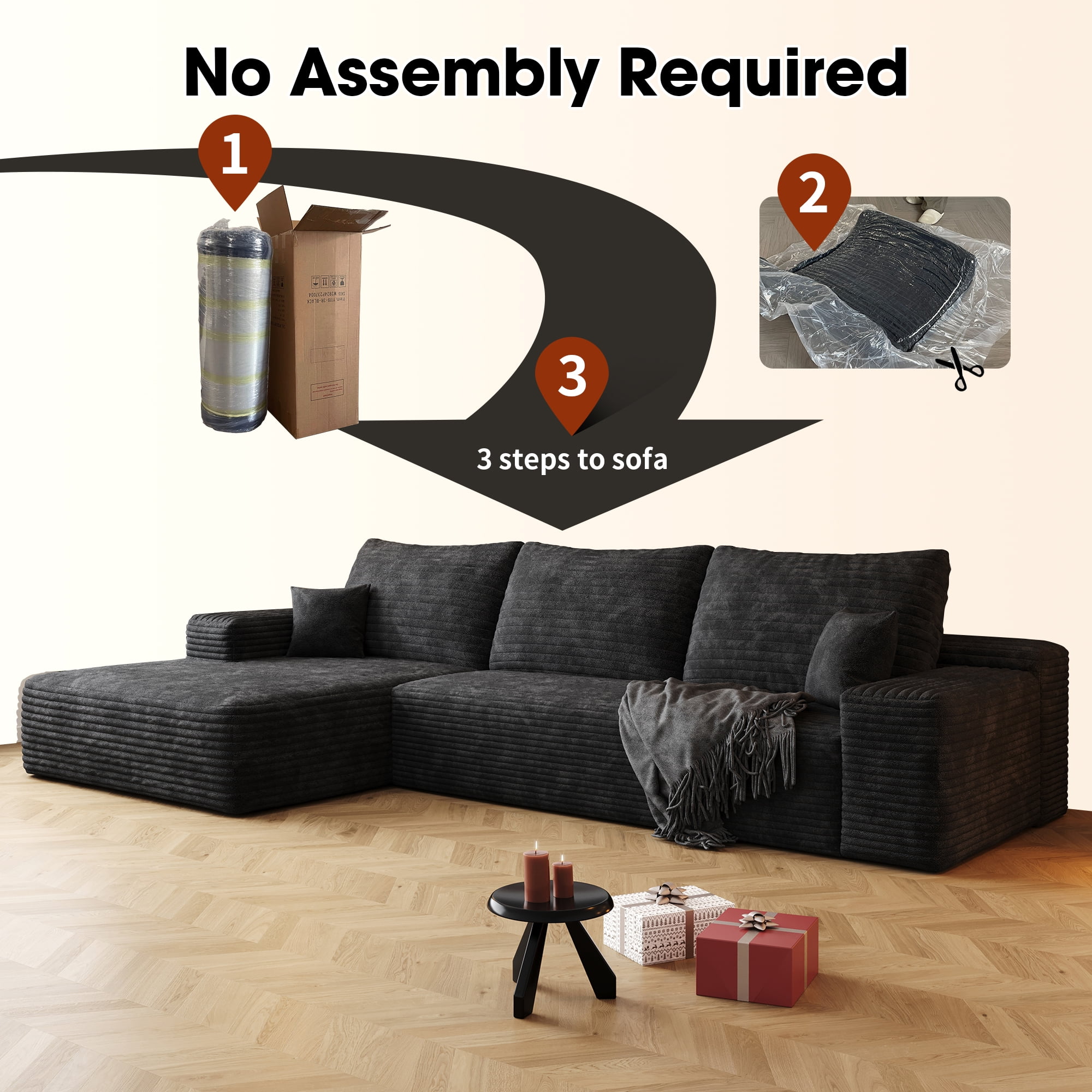 MAYEERTY 107" Cloud Sectional Couch with L-Shape Chaise, Modern Modular Deep Seat Sofa, No Assembly Plush Corduroy Fabric, Black (2 packages)