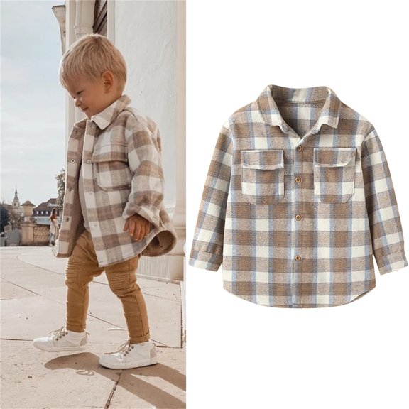 MNCEKFOD Boys Graphic Tees Mini Plaid Long Sleeve Shirt Single Breasted Blouse Fashion Casual Wear For Boys Girls Boys Summer Tops Beige