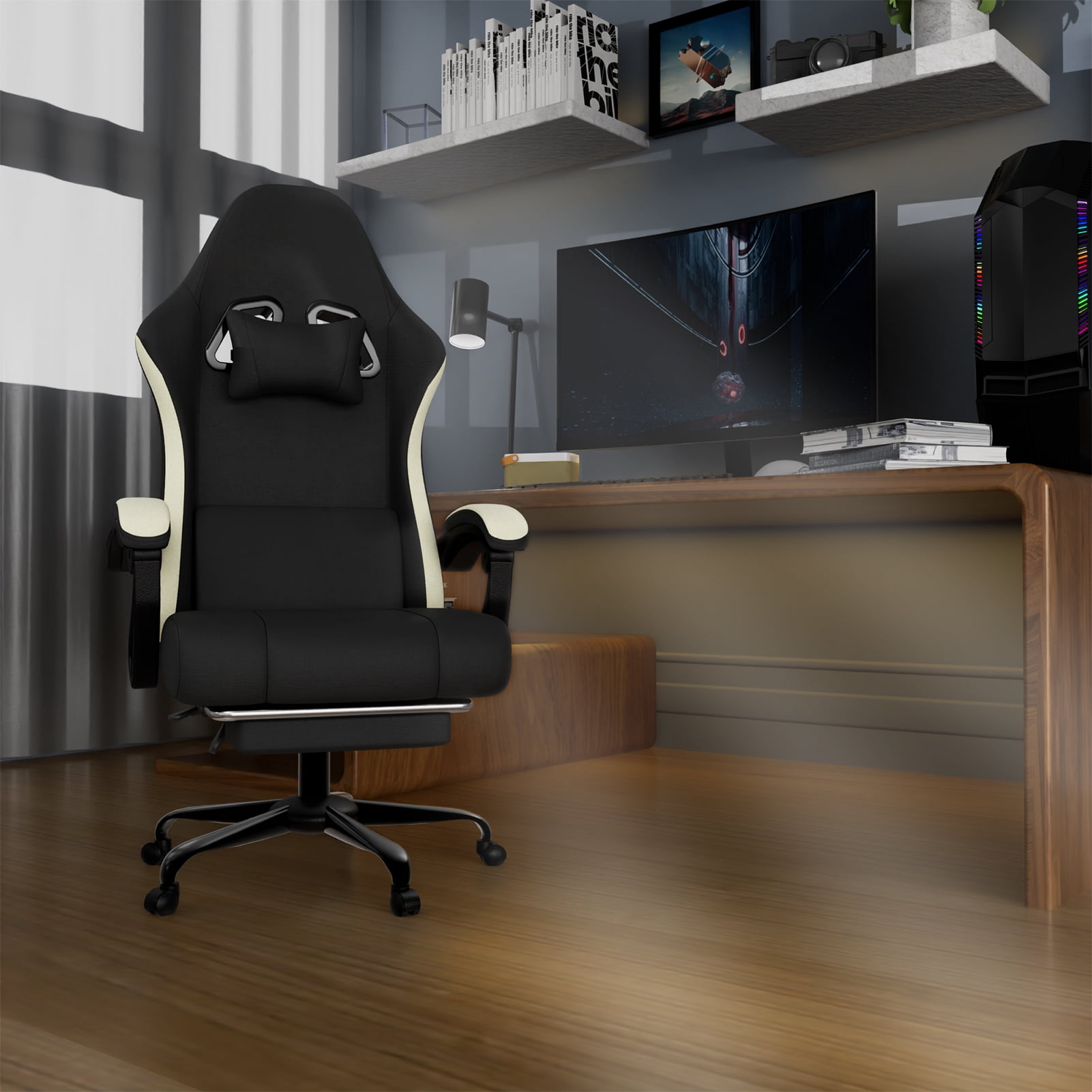 Ergonomic Gaming Chair with Pocketed Spring Cushion, Breathable Fabric Computer Chair with Footrest, Adjustable Lumbar Support Video Game Chair for Adults
