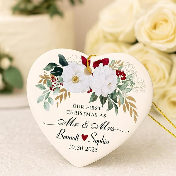 Our First Christmas as Mr & Mrs Ornament 2025 - Personalized Ceramic Heart with Names & Date, Newlyweds/Married Couple Gift
