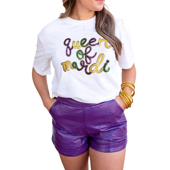 Women’s White 'Queen of Mardi' Sequin Letter Graphic T-Shirt for Festive Style | [ZhiHiMeRi] | (US 20-22)2XL