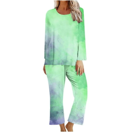 Yufatyle Women s Long Sleeve Shirt Pants Homewear Trendy Gradient Color Loose Fit Comfy Sleepwear 2 Piece Lounge Set Green M