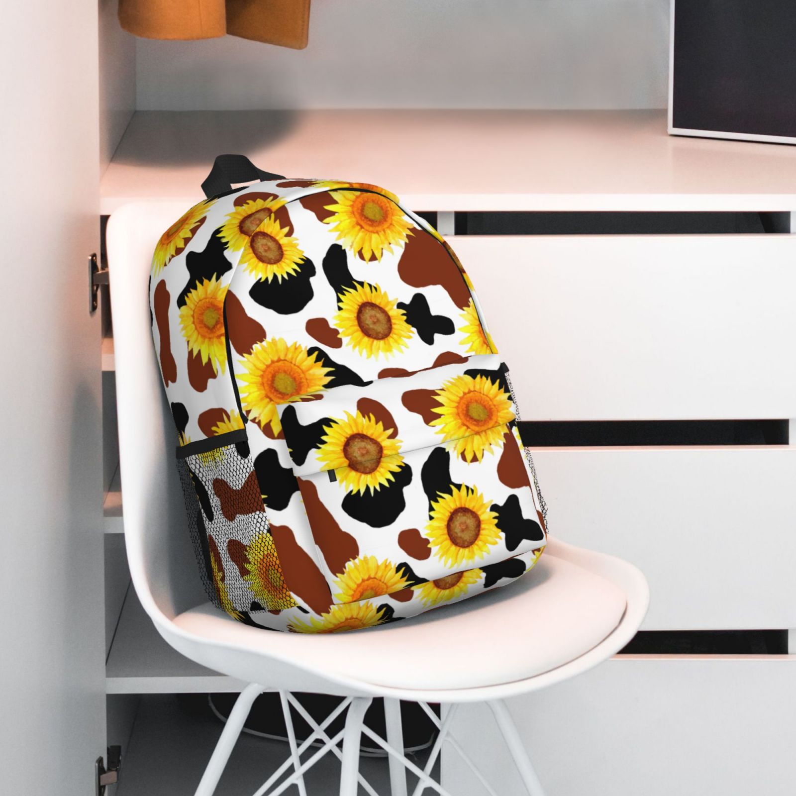 Rateoe Cow Print Sunflower Pattern Student Backpack Water-resistant Backpack 15-inch Laptop Backpack Lightweight Adjustable School Backpack