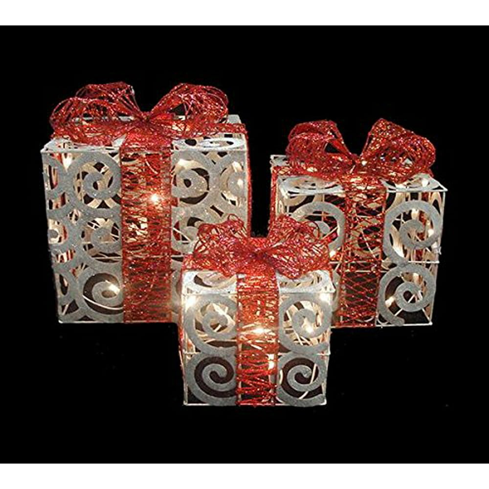 Set of 3 Sparkling White Swirl Gift Boxes Lighted Christmas Yard Art