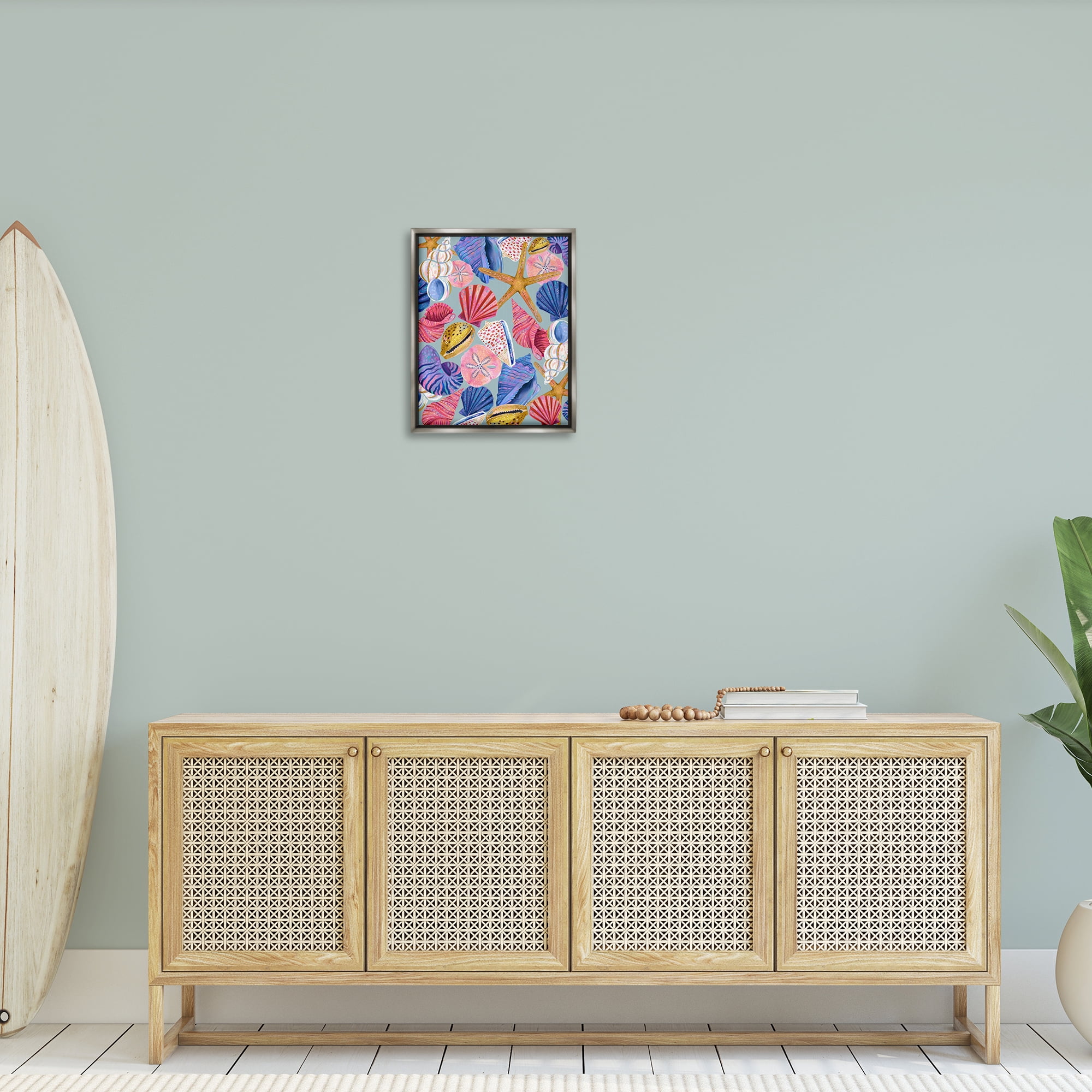 Stupell Industries Bright Seashells Assortment Nautical & Beach Painting Gray Floater Framed Canvas Art Print Wall Art, 17 x 21