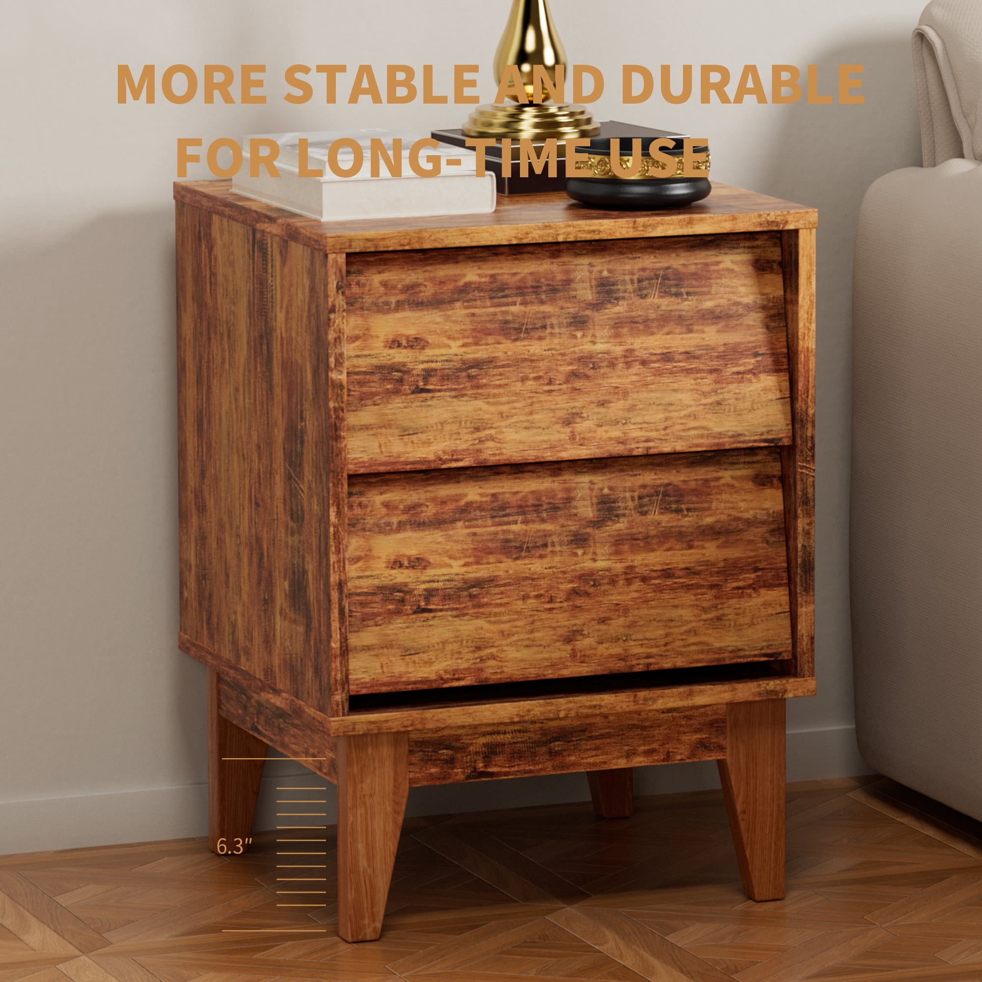 Bedroom Nightstands Set of 2 Bedside Tables with 2 Hidden Pull Design Drawers Mid-Century End Tables with Wood Legs