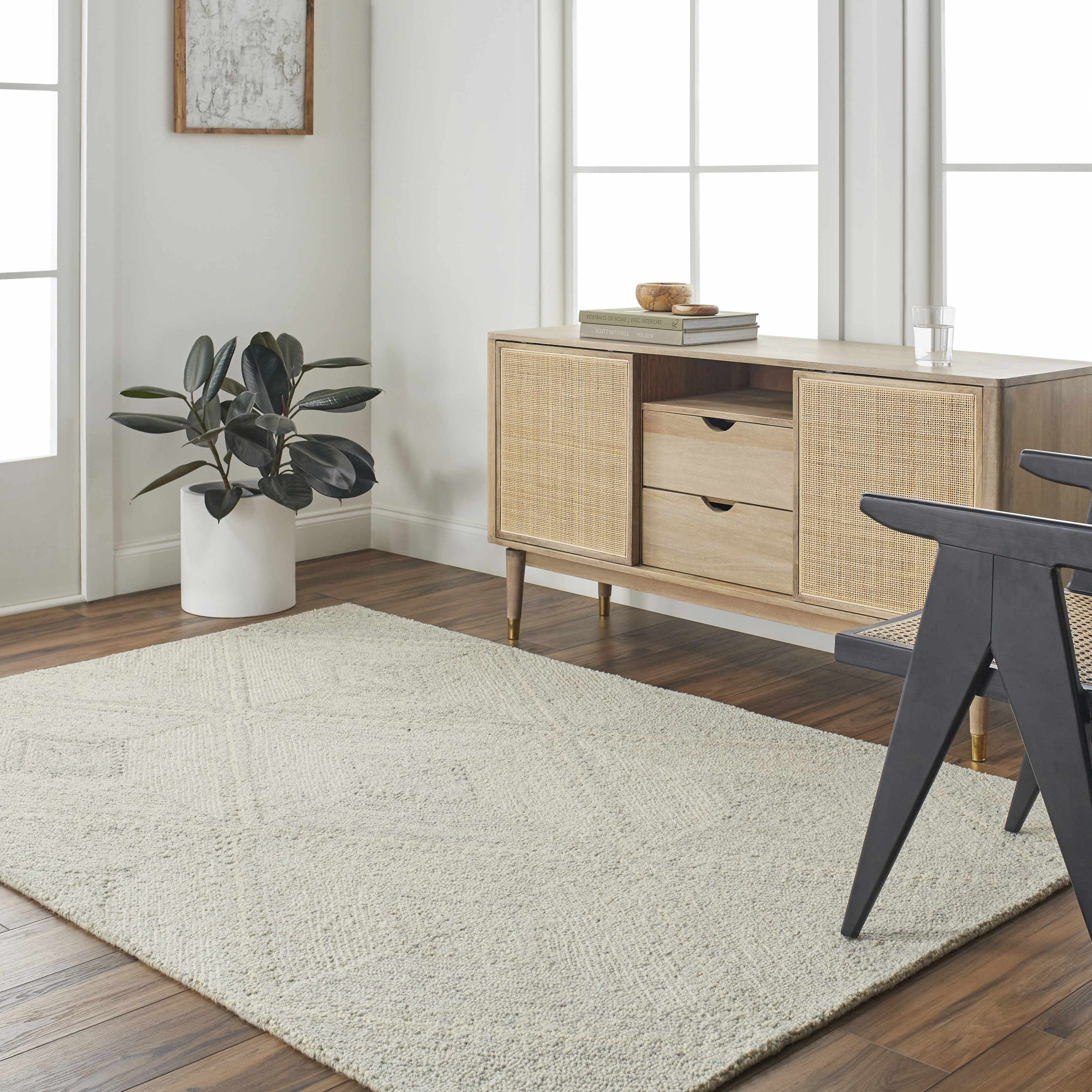 Hauteloom Alick Boho Diamond Hand Tufted Wool Natural Fiber Soft Large Area Rug - Traditional Trellis Carpet for Living Room, Bedroom, Dining Room - Cream, Sage - 8' x 10' (8x10 Area Rug)