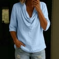 thumbnail image 2 of Womens Cotton Linen Tops, Three Quarter Sleeve Cowl Neck Solid Color Shirts, Summer Casual Wear, Basic Tops for Women | VerBelle,Light Blue S, 2 of 7