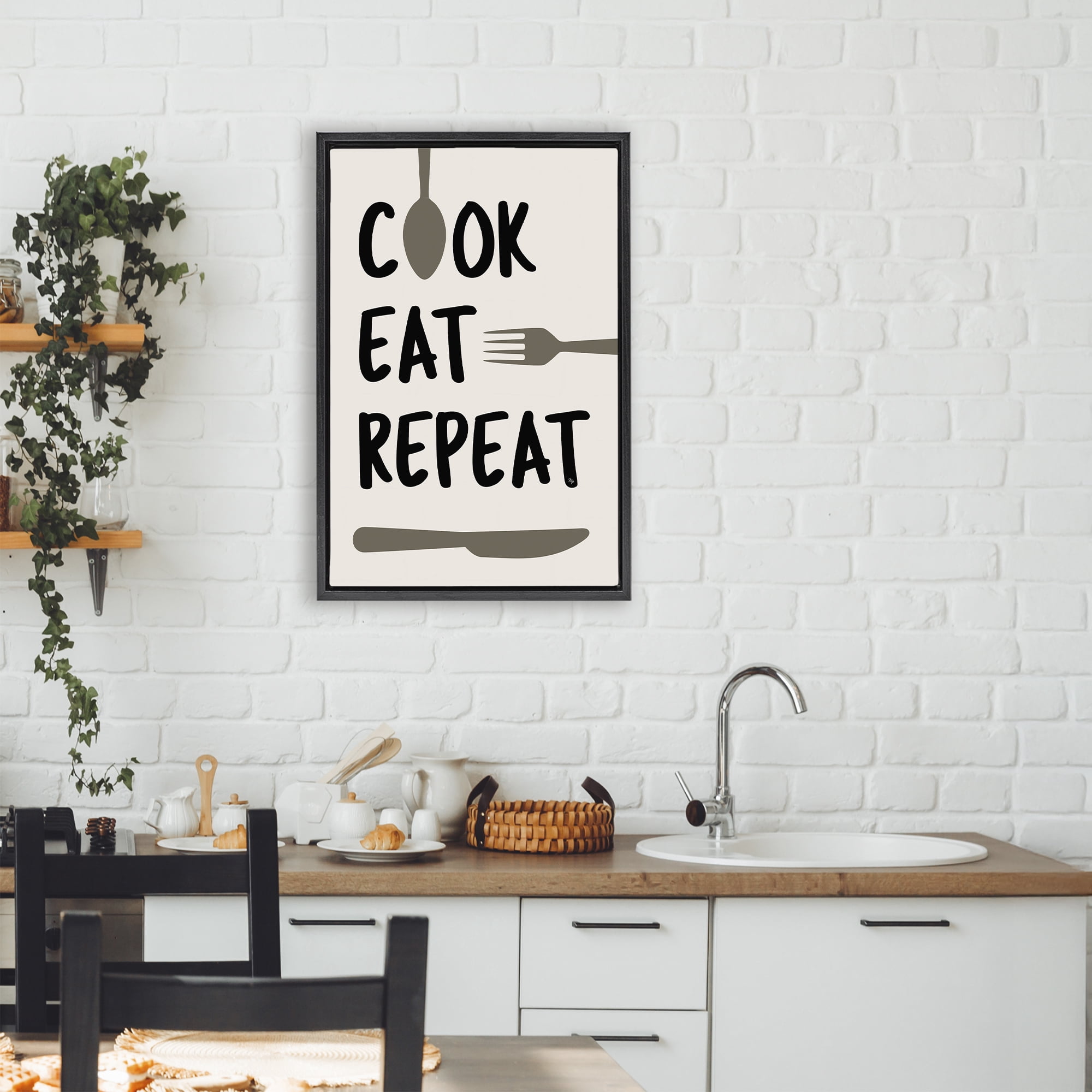 Stupell Industries Cook Eat Repeat with Utensils Black Framed Floater Canvas Wall Art, design by Martina Pavlova