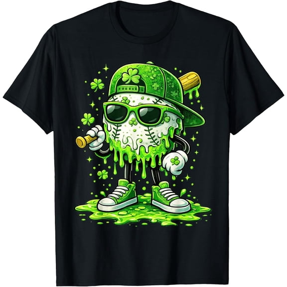 St Patricks Day Baseball Ice Cream Drip Shamrock Boys Girls T-Shirt, T-Shirt for Kids Youth, 180gsm, 100% Cotton