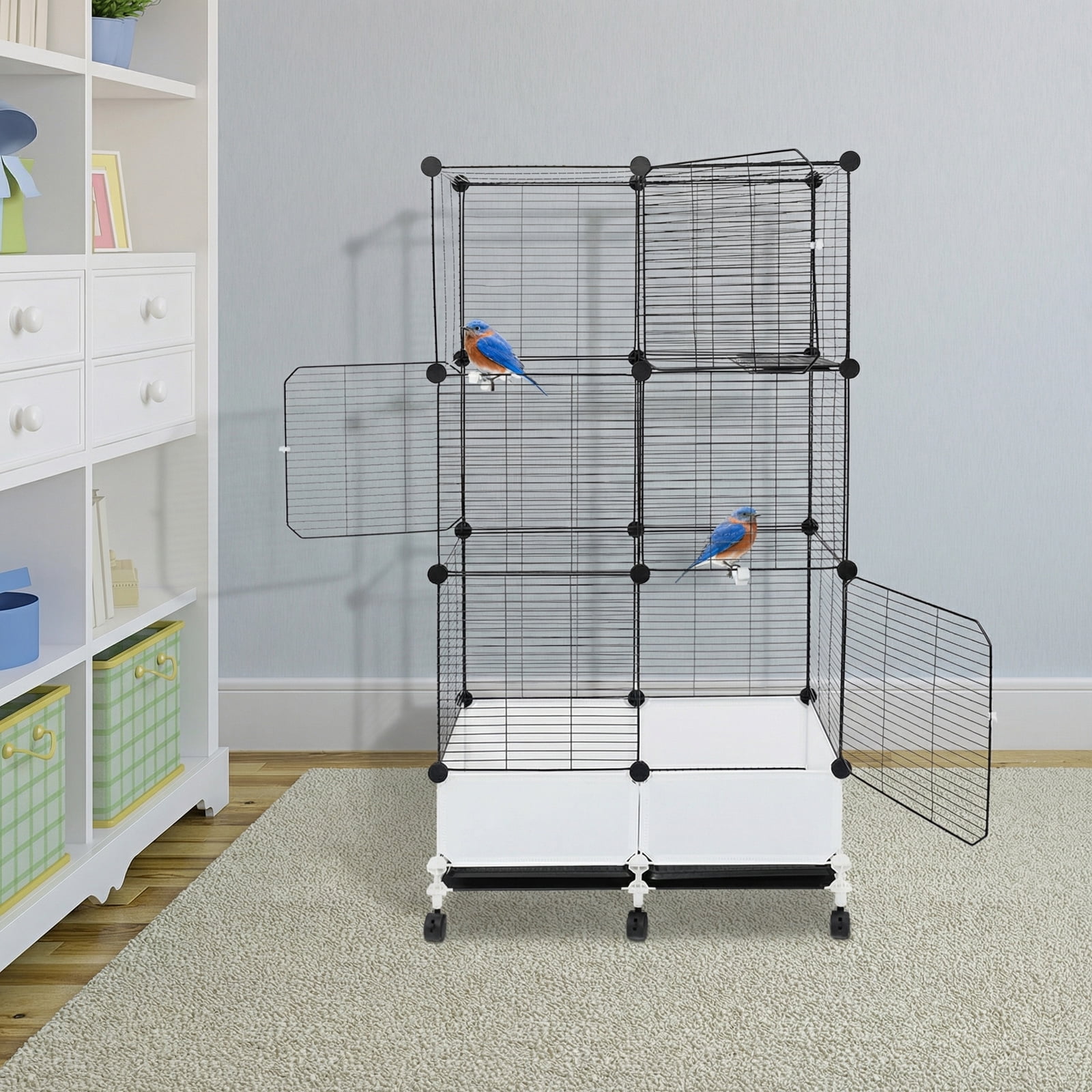 Black Iron Large Parrot Cage with 6 Wheels 74×37×139cm Anti-Splash Design of Mobile Standing Birdcage