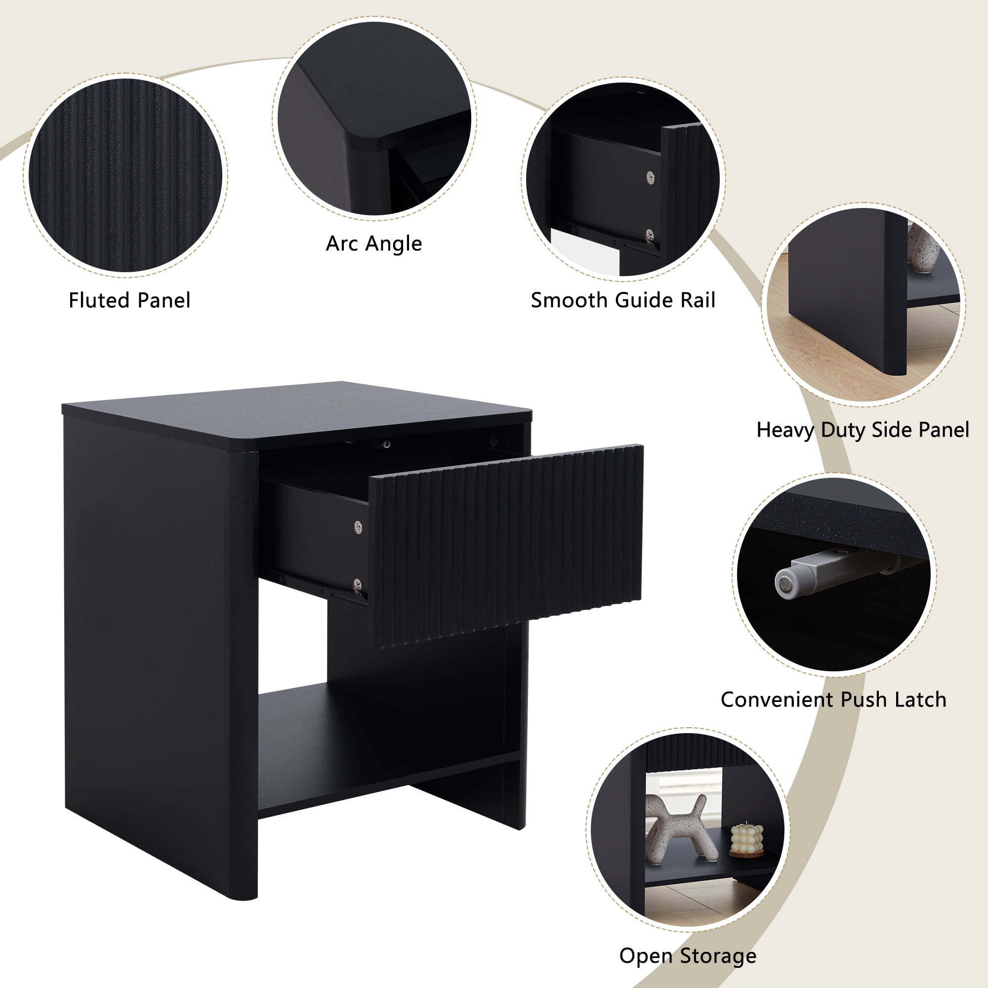 Weselon Modern Fluted Nightstand Set of 2, Curved Side Bedside Table with Drawer and Open Shelf for Bedroom, Black